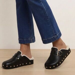 Veronica Beard Black Leather Shearling-Trim Studded Clogs